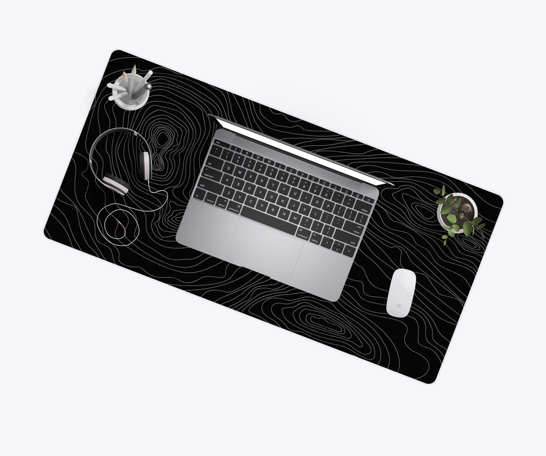 Black Topographic Desk Mat with Laptop