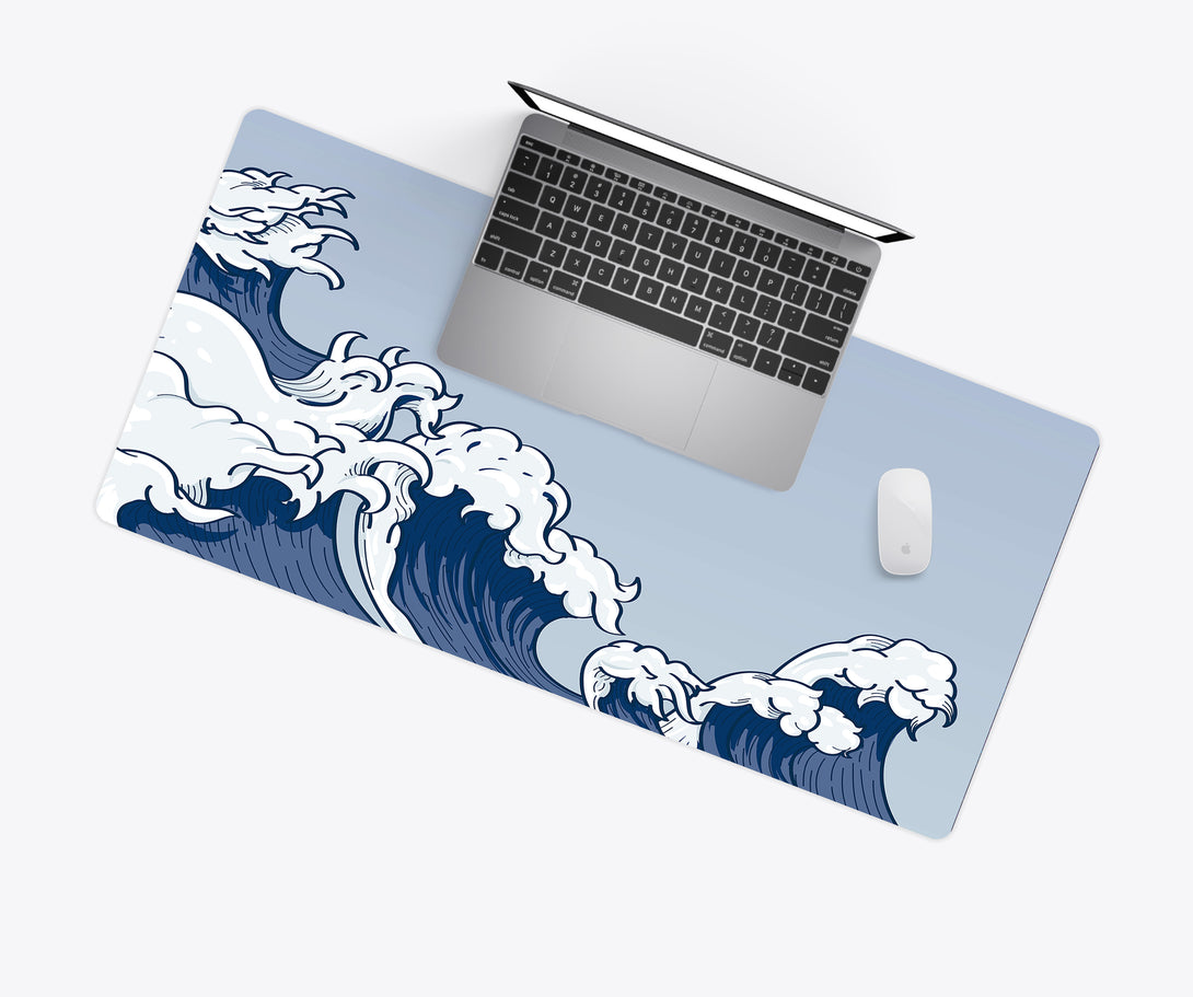 Japanese Blue Waves Desk Mat with Laptop