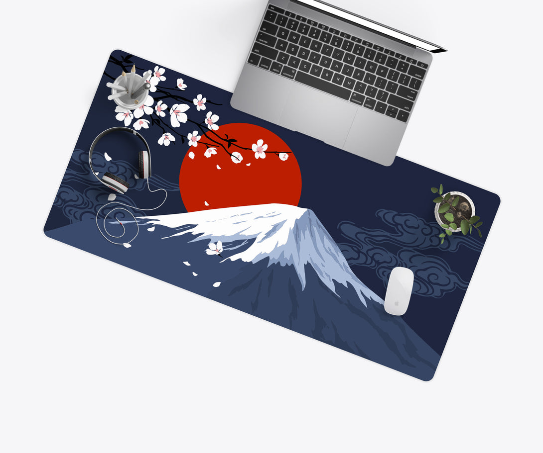 Japanese Desk Mat with Red Sun, Mt Fuji, Cherry Blossoms