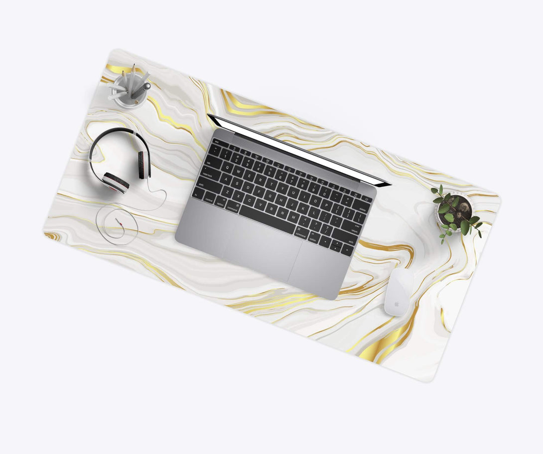 White Gold Marble Desk Mat with Laptop